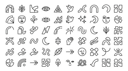 Fototapeta premium Set of modern minimal vector icons depicting abstract shapes nature elements and symbols.