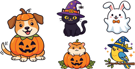 Obraz premium Cute halloween animals dressed in costumes set with halloween costumes celebration illustration character seasonal elements