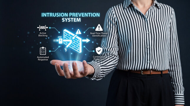 Businesswoman Holding Blue Intrusion Prevention System Hologram