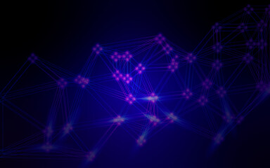 Fototapeta premium Abstract digital technology plexus background with purple and pink glowing mesh connections and deep blue geometric network nodes