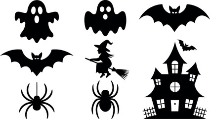 Fototapeta premium Black silhouettes of Halloween icons on white background spooky symbols