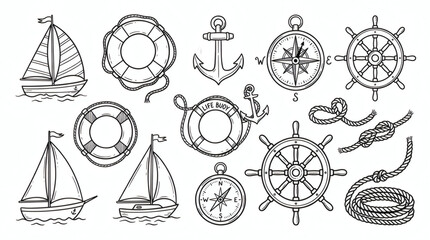 Set of playful hand drawn nautical illustrations. Doodle drawings of anchors, lifebuoys, compasses, sailboats, ropes and steering wheels. Clean line art in retro style, isolated on white background © peno