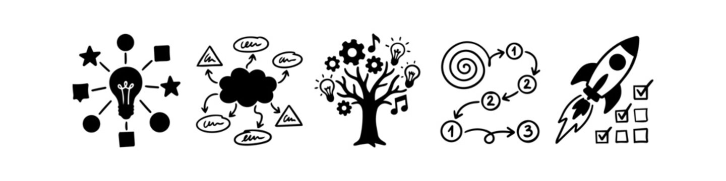 Set of black hand-drawn business and creativity icons featuring a lightbulb, mind map, knowledge tree, process steps, and rocket launch. Ideal for infographics, startups, and project planning.