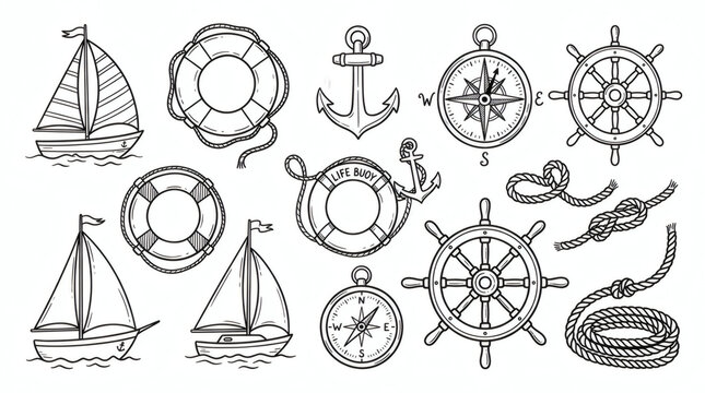 Set of playful hand drawn nautical illustrations. Doodle drawings of anchors, lifebuoys, compasses, sailboats, ropes and steering wheels. Clean line art in retro style, isolated on white background
