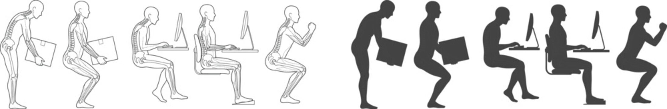 Ergonomic guide showing correct and incorrect body posture for lifting, sitting, and squatting