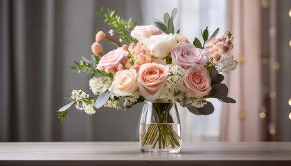 Obraz premium Elegant Pastel Flower Bouquet In Glass Vase On Table