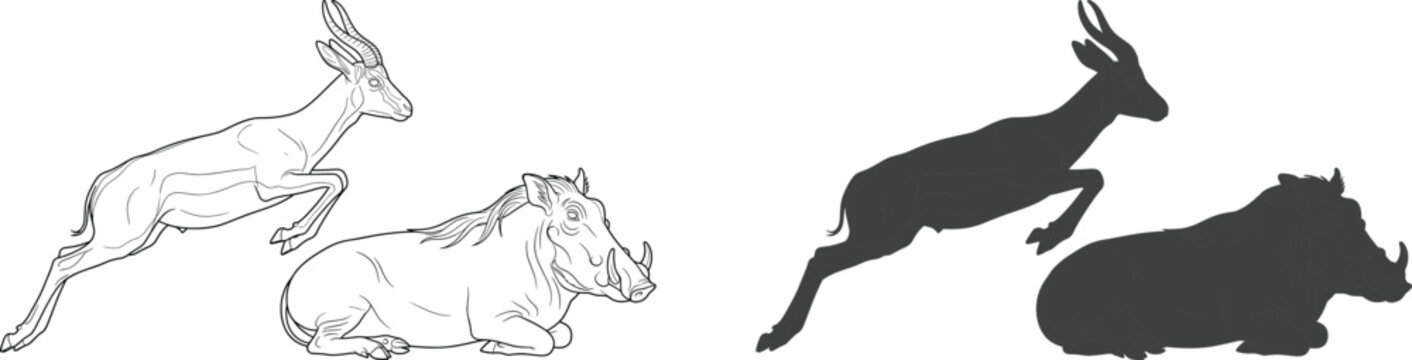 Vector illustration of a leaping antelope and resting warthog in line art and silhouette styles