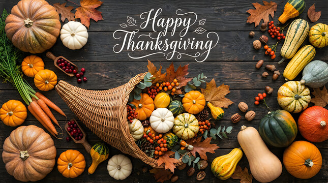 Happy thanksgiving festive abundance cornucopia with pumpkins gourds and autumn harvest bounty