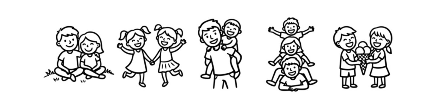 Minimalist line art set of children playing, dancing, piggyback rides, and sharing ice cream. Black and white doodle style for coloring or simple icons.