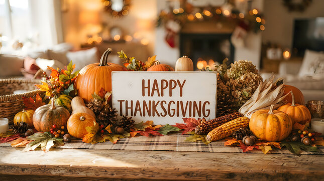 Festive happy thanksgiving table setting with pumpkins corn and autumn decor for holiday celebrations