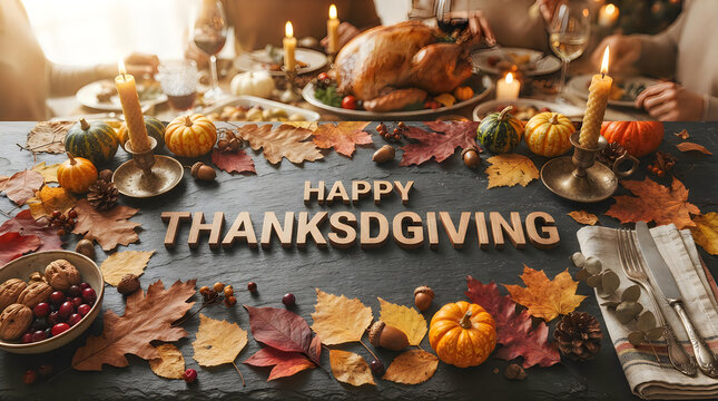 Festive happy thanksgiving table setting roasted turkey pumpkins and autumn leaves for a cozy celebration