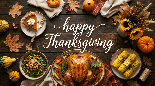 Happy thanksgiving feast roasted turkey pumpkin pie and autumn decor on rustic wood table