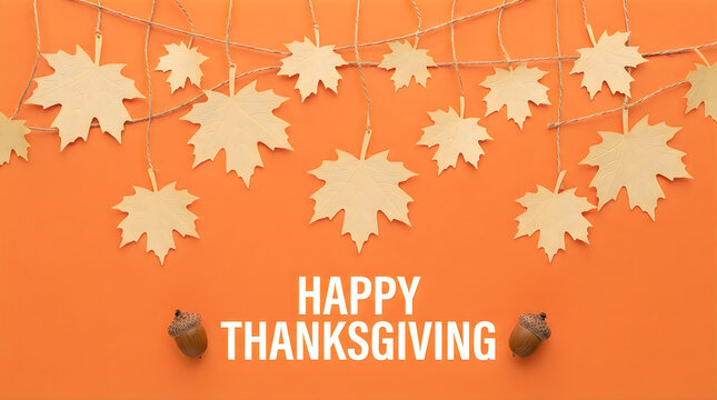 Festive happy thanksgiving banner with maple leaves and acorns on a warm orange background