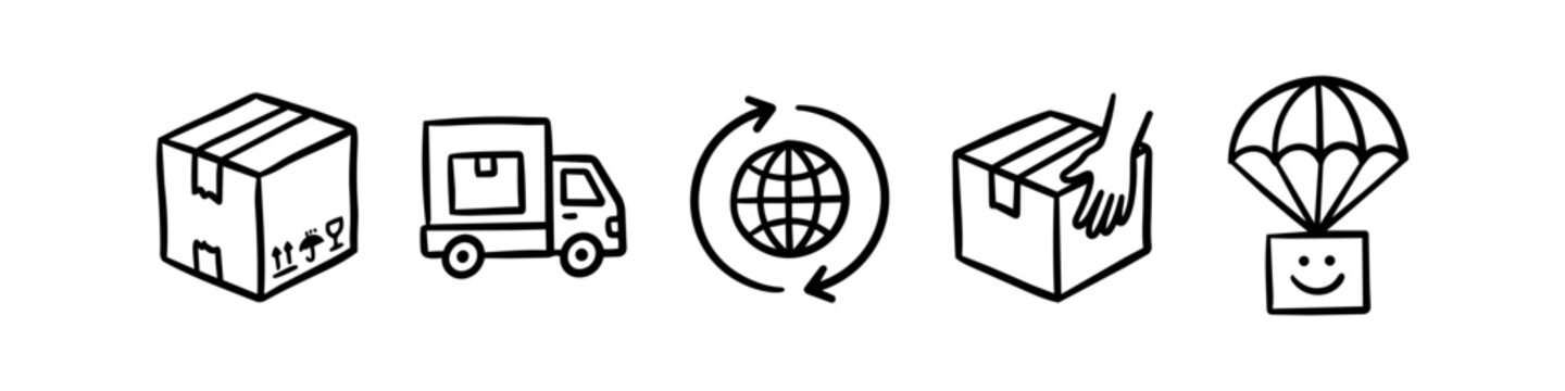 Set of hand-drawn logistics icons featuring a box, delivery truck, global shipping globe, package handling, and air drop parachute in a minimalist doodle style.