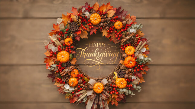 Festive happy thanksgiving wreath autumnal decor for a warm and grateful holiday celebration