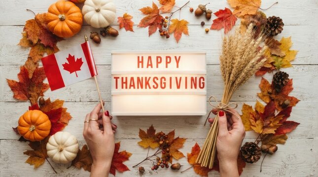 Happy thanksgiving canadian celebration festive autumn flatlay with pumpkins leaves and lightbox
