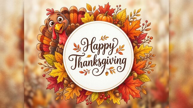 Happy thanksgiving illustration festive turkey with autumn leaves and holiday greetings for celebrations