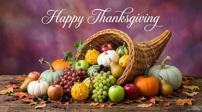 Happy thanksgiving cornucopia festive autumn harvest still life with pumpkins fruits and grapes