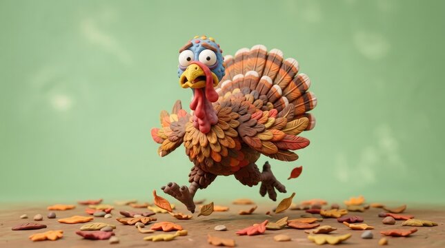 Happy thanksgiving playful cartoon turkey running with autumn leaves festive holiday illustration