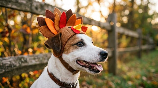 Happy thanksgiving adorable jack russell terrier wearing a festive turkey hat for holiday celebrations