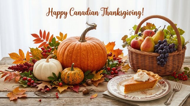 Happy thanksgiving feast pumpkins fruits and pie for a festive autumn celebration