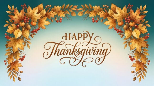 Happy thanksgiving watercolor illustration festive autumn leaves pumpkins and acorns for holiday greetings