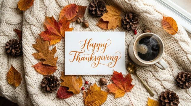 Warm happy thanksgiving scene with coffee autumn leaves and acorns on a cozy knit blanket