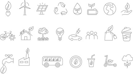 Fototapeta premium Ecology and green energy line icons vector set on white background