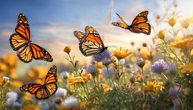 Monarch Butterflies In A Field Of Wildflowers