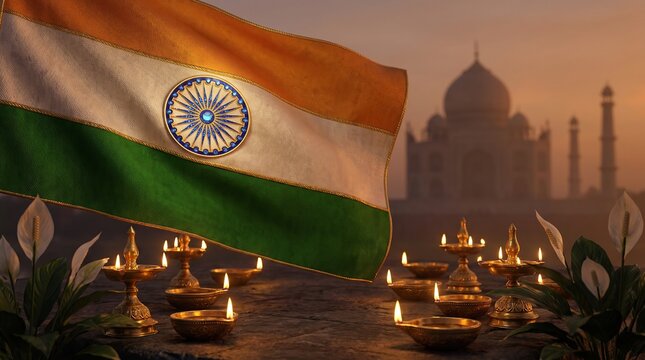 Waving national tricolor flag with glowing brass oil lamps and ornate architectural silhouette at sunset for celebration of cultural heritage pride
