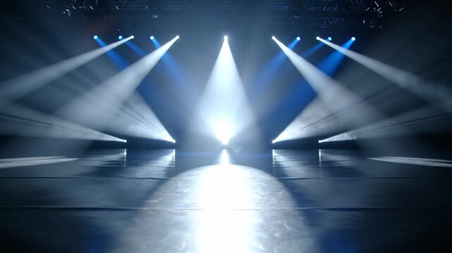 Multiple bright theater beams shine downwards across the performance floor creating a dramatic atmosphere for events while emphasizing the central stage area during a live musical concert