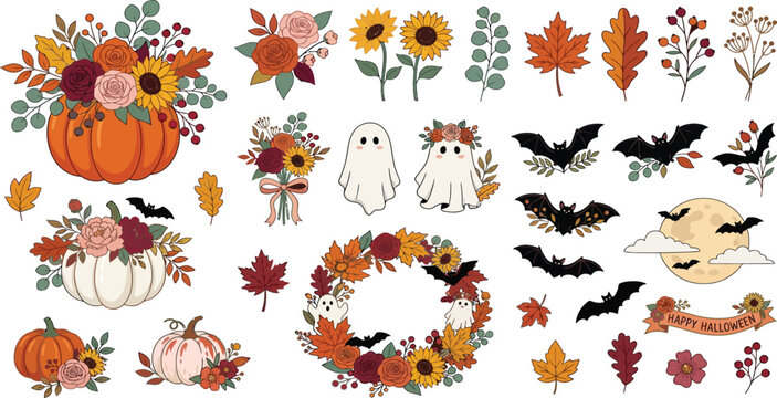 Floral halloween decoration elements with pumpkins sunflowers roses and spooky bats floral design halloween sunflower stickers illustration elements seasonal arrangement botanical decoration
