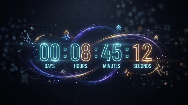 Digital countdown timer displaying 00 days 08 hours 45 minutes 12 seconds with futuristic neon lights and particles