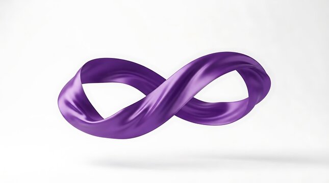 Elegant purple infinity loop rendering with a glossy sheen against a neutral white background representing endless possibilities and abstract concepts