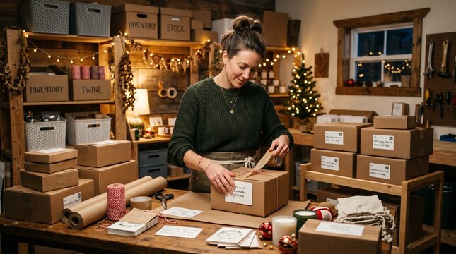 Woman packing gift boxes for shipping in a cozy workshop decorated for Christmas holidays