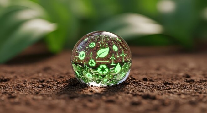 Glass orb with green eco icons on soil stock photograph environment recycling