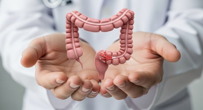 Medical specialist holding digital anatomical model of human colon stock