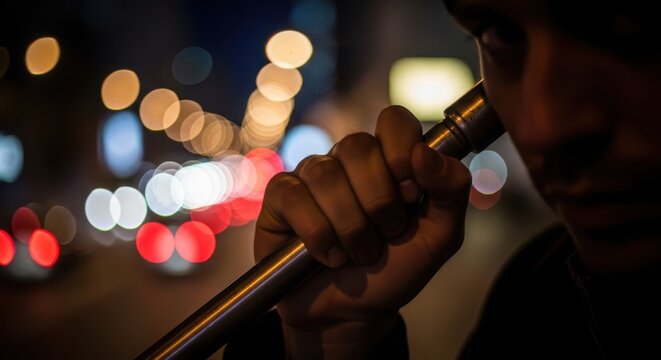 Police officer using metal flashlight during night duty stock photograph