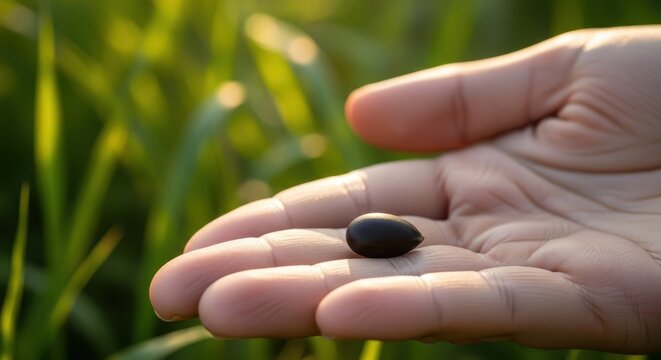 Close up of human hand holding small organic black seed stock photograph