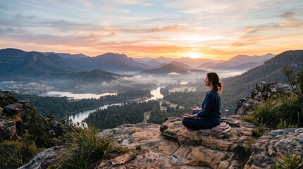 Fototapeta premium Woman meditating on a mountain cliff at sunrise overlooking a misty valley and river
