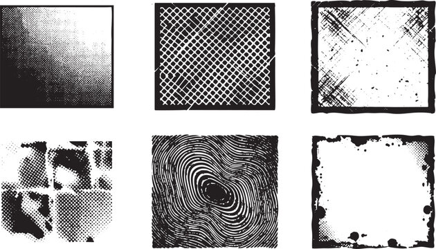 Grunge texture set featuring various abstract vector square frames with distressed halftone patterns and rugged edges for professional graphic design projects and creative digital media layouts