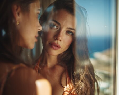 Two young caucasian women in intimate close moment one in profile and other facing camera with long brown hair by the ocean beach at golden hour with soft warm candlelight glow