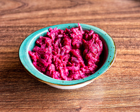 Grated Beetroot Salad In Ceramic Bowl