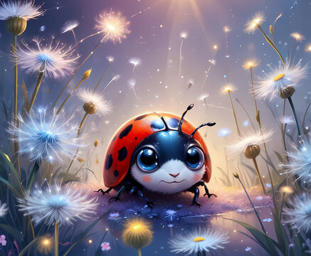 Cute ladybug with large eyes in dandelions flowers field, soft-focus digital painting, beetle, insect, graphic design illustration wallpaper 