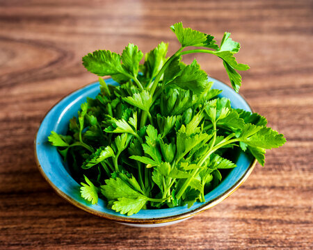 Fresh Turkish Parsley Leaves In Blue Bowl