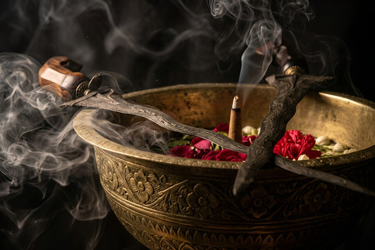 Traditional Indonesian keris dagger on ornate bronze bowl with incense smoke