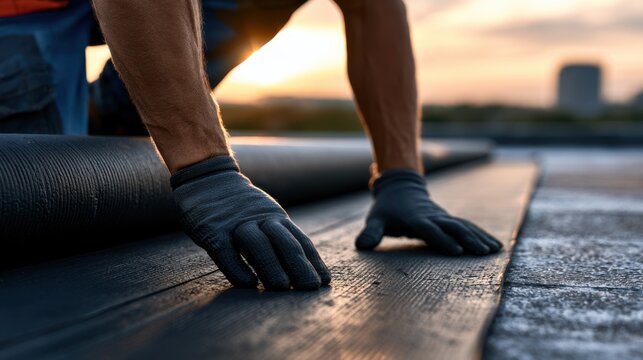 Close-up of a roofing contractor unrolling EPDM rubber membrane on a flat roof, highlighting precision and craftsmanship under warm sunset light.