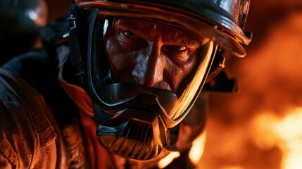 Fototapeta premium Intense close-up of a firefighter with helmet and mask surrounded by flames, showcasing bravery and emergency response.