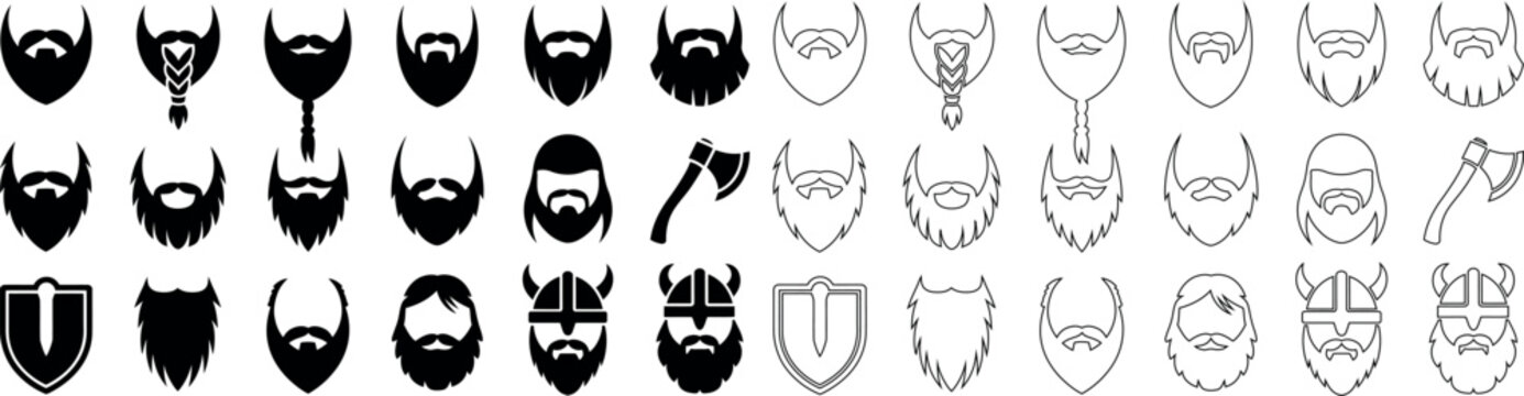 Collection of various beard and mustache styles with viking helmets and weapons