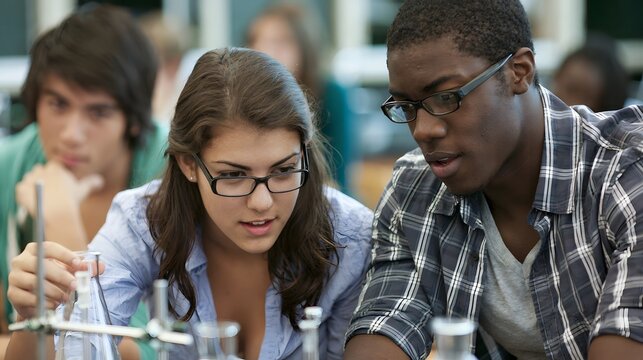 Two college students focused on a chemistry experiment using glassware in a lab setting with another student observing